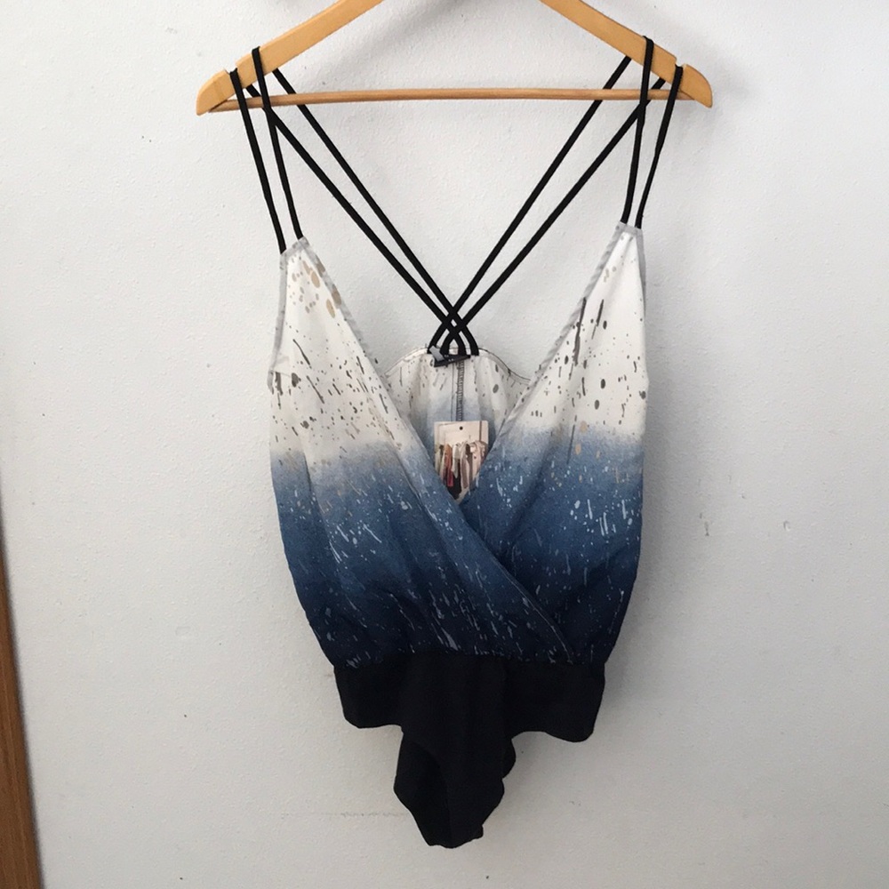 Sparkle & Fade bodysuit, vneck tanktop, bl motif, size Medium